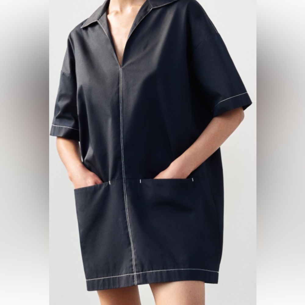 NWT-Zara Contrasting Topstitching Navy Blue Poplin Boxy Dress Small 9878/084